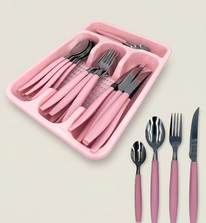 KIT DE TALHERES INOX C/ 24 PEÇAS + SUPORTE GAVETEIRO