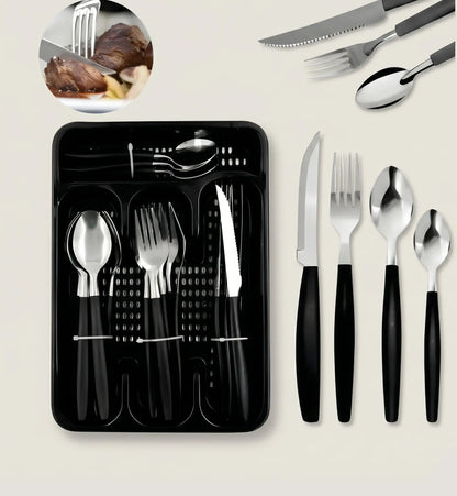 KIT DE TALHERES INOX C/ 24 PEÇAS + SUPORTE GAVETEIRO
