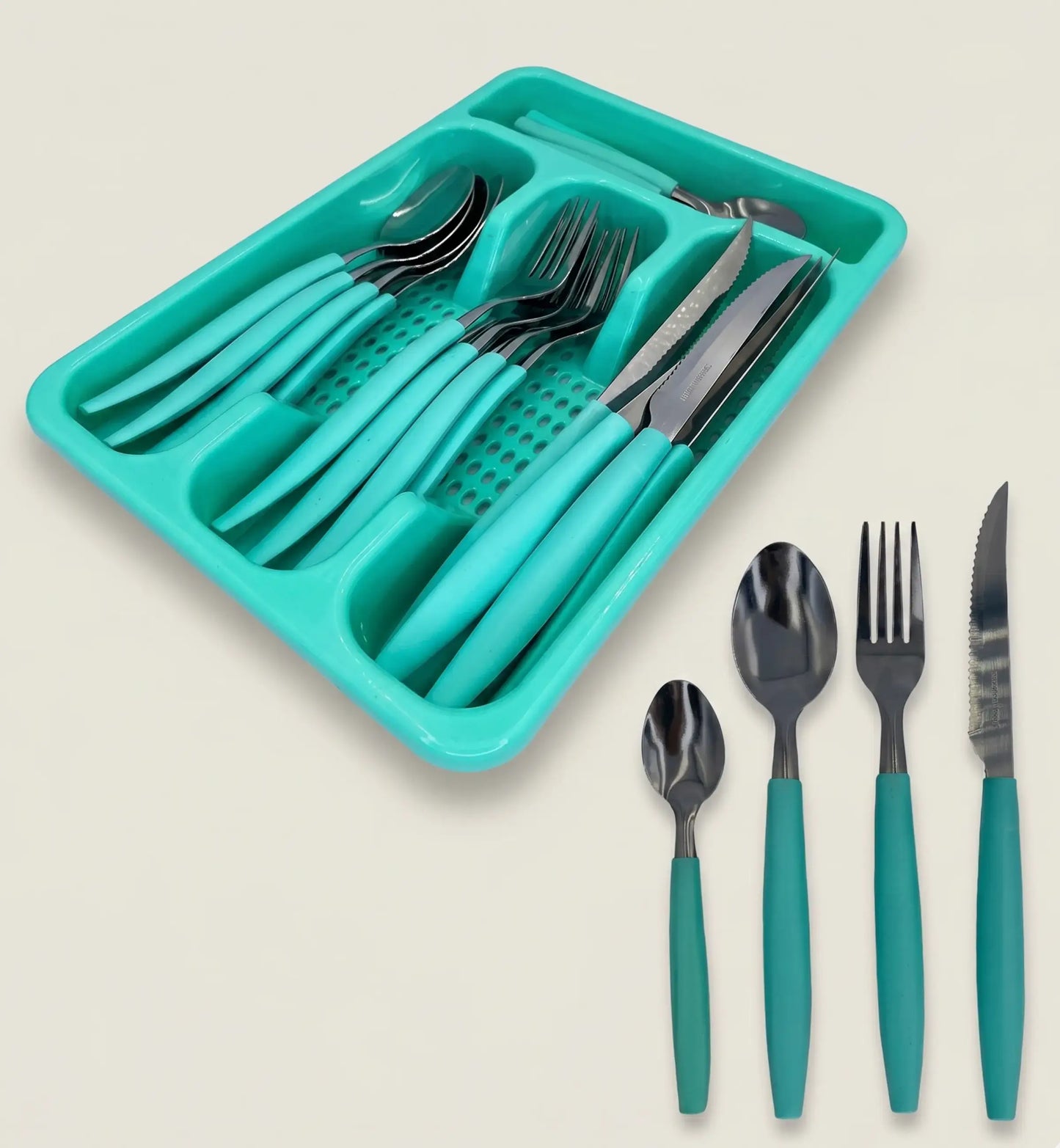 KIT DE TALHERES INOX C/ 24 PEÇAS + SUPORTE GAVETEIRO