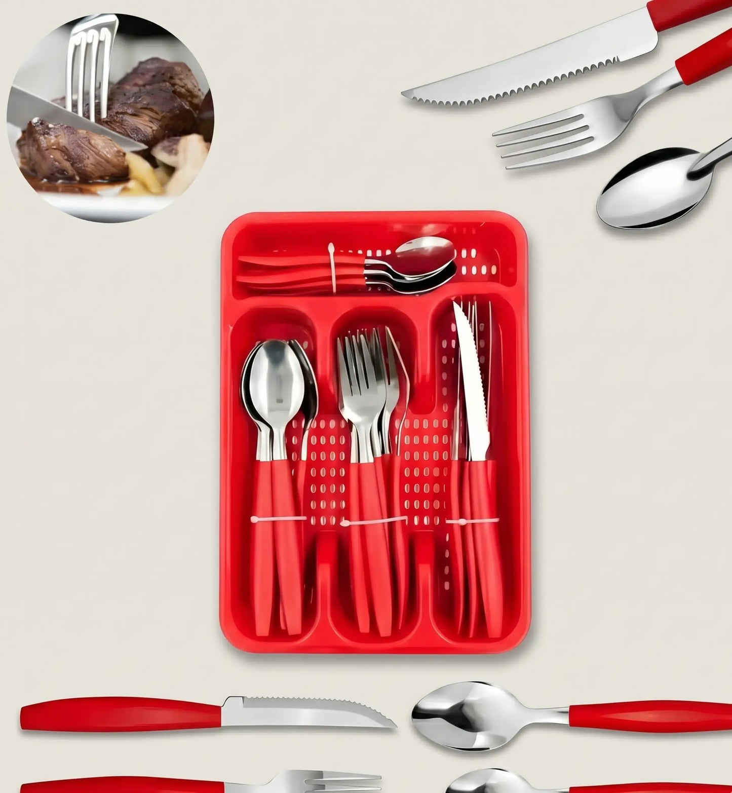 KIT DE TALHERES INOX C/ 24 PEÇAS + SUPORTE GAVETEIRO